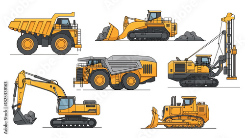 Collection of various heavy construction and mining equipment illustrations