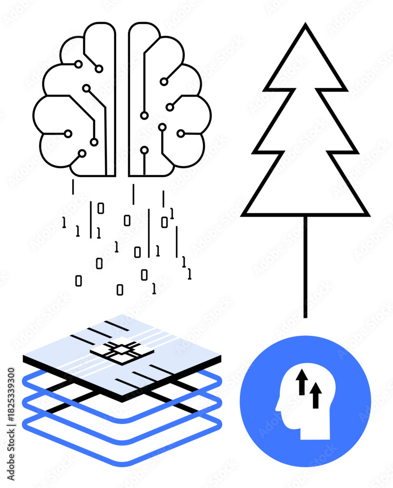 Fototapeta premium Artificial intelligence concept. Artificial intelligence is illustrated with a neural network, binary codes, data layers, and growth symbol. Artificial intelligence for tech, research, innovation