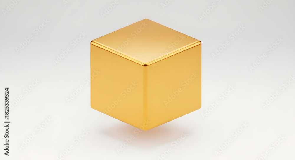Obraz premium Minimalist 3D Golden Cube Isolated on White Background for Financial Growth, Premium Luxury Branding, and Investment Success Concept
