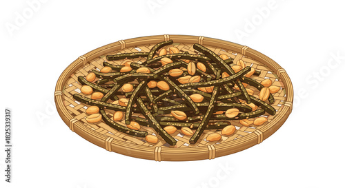 A delicious Asian snack of crispy fried seaweed strips mixed with roasted peanuts and sesame seeds served on a traditional woven bamboo tray.