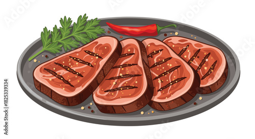 Four perfectly grilled beef steak slices seasoned with fresh peppercorns served on a dark plate with a red chili and parsley garnish.