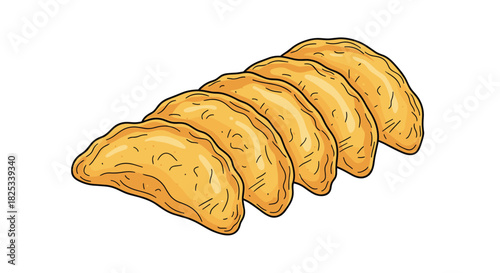 A close-up illustration of six golden-brown, crispy fried dumplings arranged in a neat row, isolated on a white background.