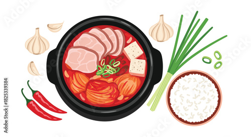 A top-down view of traditional Korean Kimchi Jjigae, a spicy stew with pork and tofu, surrounded by its fresh ingredients.
