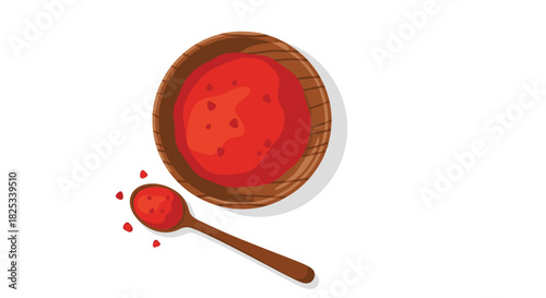 A top-down illustration of a wooden bowl filled with vibrant red chili powder, with a matching wooden spoon on the side.