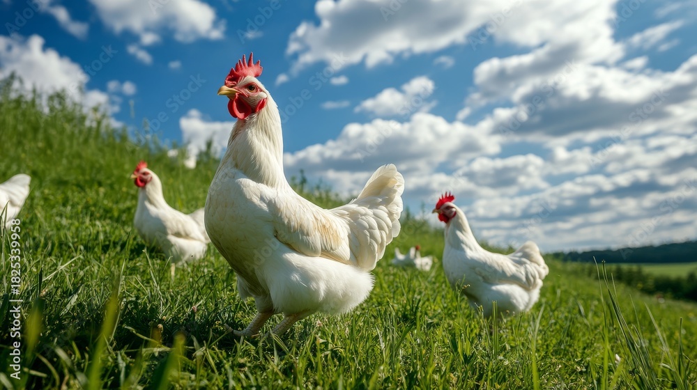 Fototapeta premium White Leghorn and Rhode Island Red chickens freely exploring grassy hillside, contrasted with organized interior of industrial egg production facility showing humane conditions, photojournalistic