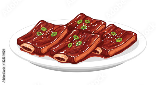 A delicious plate of saucy Korean BBQ short ribs, known as Galbi, garnished with sesame seeds and fresh green onions.