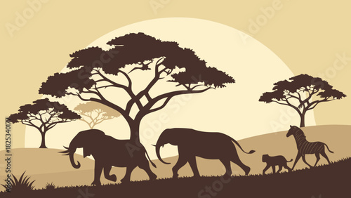 Silhouette vector illustration of a wild elephant on the savanna grass at sunset