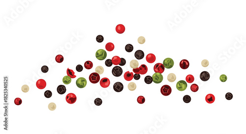 A vibrant and aromatic assortment of whole mixed peppercorns, including black, white, green, and pink varieties, scattered together.