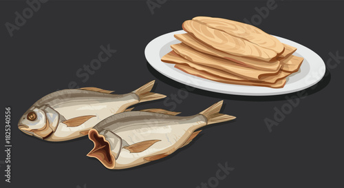 A traditional Eastern European snack of whole dried and salted vobla fish, shown alongside a plate of prepared fish fillets.