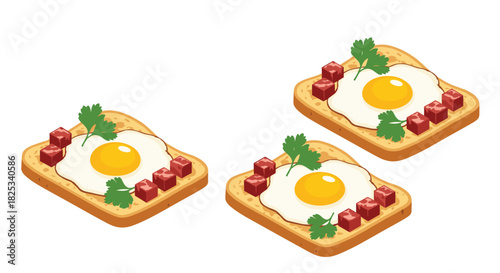 An isometric illustration of three identical breakfast toasts, each topped with a sunny-side-up fried egg, diced meat, and parsley.