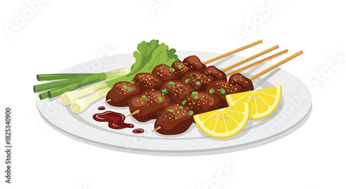 A delicious appetizer of four grilled Asian meat skewers garnished with sesame seeds and served with lemon wedges and soy sauce.
