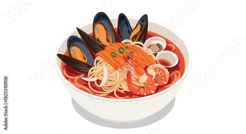 An isometric view of a delicious and spicy Asian seafood noodle soup filled with fresh salmon, shrimp, mussels, and clams.