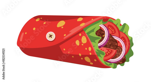 A delicious and fresh red tortilla wrap filled with grilled meat, crisp lettuce, ripe tomatoes, and red onions for a tasty meal.