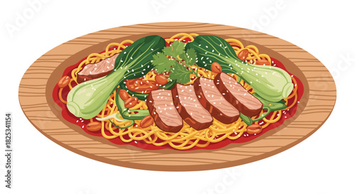 A gourmet wooden plate of Asian noodles topped with sliced roasted duck, fresh bok choy, peanuts, and cilantro in a spicy sauce.