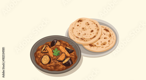 A comforting bowl of vegetable curry served with two pieces of warm, fresh flatbread, perfect for a hearty and flavorful meal.