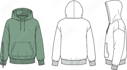 Casual Sweatshirt Fashion Flat: Drop Shoulder, Long Sleeve Pullover Hooded Top, Technical Design Template with Pouch Pocket, Production Ready Vector.