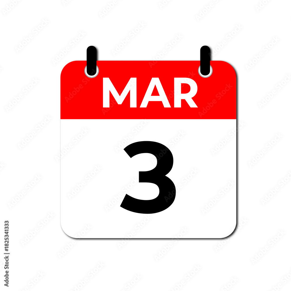 Fototapeta premium Calendar Icon Showing March 3rd. Date Reminder Symbol in Red and White Flat Design Vector