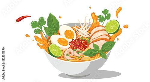 A dynamic and flavorful explosion of ingredients from a delicious bowl of Malaysian Laksa noodle soup with chicken and egg.