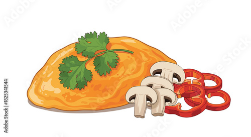 A fluffy golden-yellow omelette garnished with fresh cilantro, served with a side of sliced mushrooms and red bell peppers.