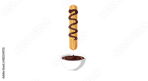 A single crispy, sugar-coated churro, drizzled with chocolate, being dipped into a small white bowl of rich chocolate sauce.