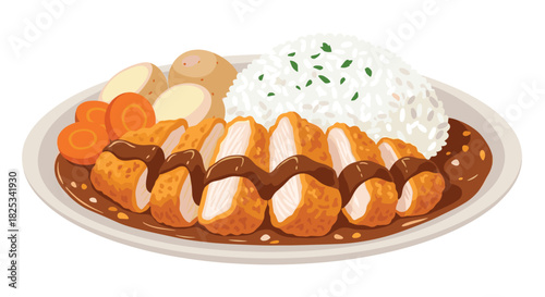 A delicious plate of Japanese chicken katsu curry, featuring crispy breaded chicken slices over a bed of rice and rich curry sauce.