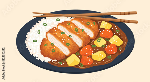 A comforting plate of Japanese chicken katsu curry with rice, tender carrots, and potatoes, served with traditional chopsticks.