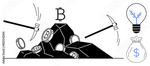 Pickaxes breaking into a pile of rocks with Bitcoin tokens, a glowing bulb symbolizing innovation, and a money bag. Ideal for cryptocurrency, mining, blockchain, investment, growth, innovation