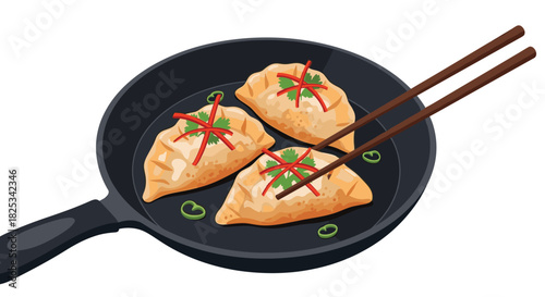 An illustration of three crispy pan-fried gyoza dumplings in a black skillet, garnished with fresh cilantro and red chili.