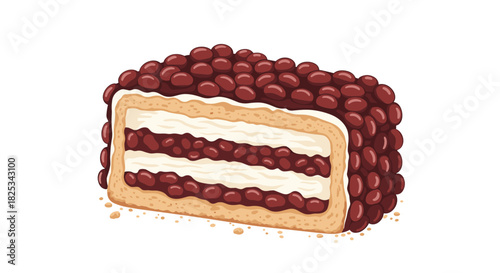 A delicious slice of layered cream cake generously covered with sweet red adzuki beans, a popular Asian-style dessert.