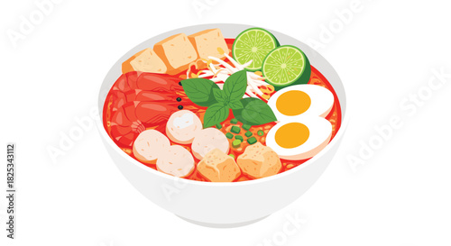 A delicious and aromatic bowl of Singaporean curry laksa, filled with shrimp, fish balls, tofu puffs, and a boiled egg.