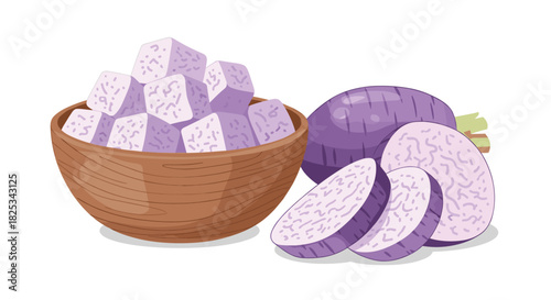 A wooden bowl filled with cubed purple taro root, displayed next to a whole and freshly sliced taro on a white background.