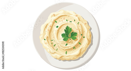 A creamy and fluffy serving of classic mashed potatoes in a white bowl, garnished with a fresh sprig of parsley on top.