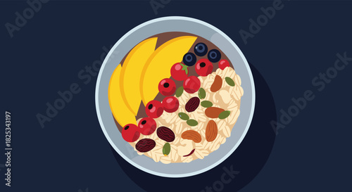 A healthy and colorful breakfast oatmeal bowl topped with fresh mango slices, berries, assorted nuts, and nutritious seeds.