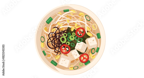 A top-down view of a traditional Japanese miso soup bowl with tofu cubes, seaweed, bean sprouts, and slices of red chili.