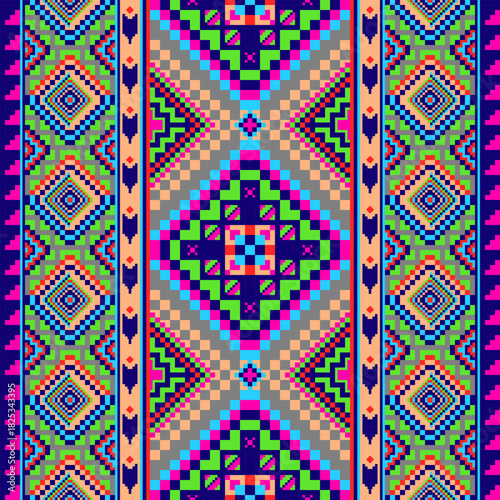 Hmong Tribal Vector Pattern, Pixel Seamless, featuring geometric patterns in purple, pink, green and blue tones, inspired by traditional tribal fabric patterns. ideal for textile prints, packaging, wa