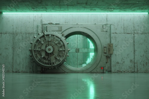 A high-security storage facility showcasing imposing vault doors, bathed in ambient green light, with polished concrete walls and a minimalist design