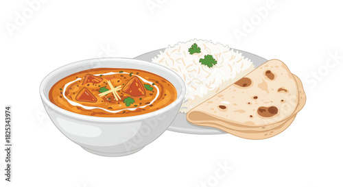 A classic Indian meal featuring a bowl of creamy Paneer Butter Masala curry served with fluffy basmati rice and warm naan bread.