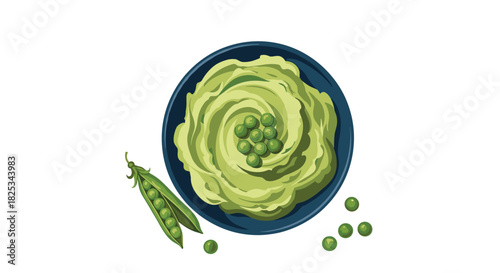 A top-down view of a bowl of traditional British mushy peas, garnished with whole peas, next to a fresh green pea pod.