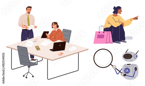 Two professionals at a desk with laptops and documents, a shopper with bags, a robotic assistant, and magnifying glass. Ideal for teamwork, tech innovation, e-commerce, research, AI customer focus