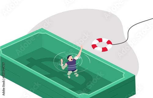 A person drowning in a money shaped pool, reaching for a lifebuoy, implying financial distress and the need for financial rescue.