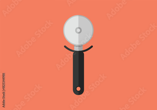A flat graphic illustration of a pizza cutter against a coral background