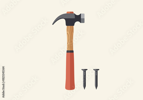 A claw hammer and two dark grey nails centered on a pale background