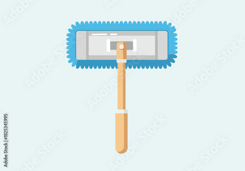 A flat illustration of a blue microfiber duster with a light wood handle