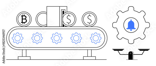 Conveyor belt with currency icons and gears, cogwheel with alert icon, and balance scale. Ideal for automation, finance, workflow, process optimization, digital tools cryptocurrency balance. Simple