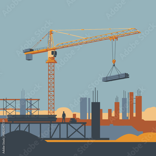 A large yellow construction crane lifts heavy steel beams over a busy building site with a worker observing the progress, depicted in a modern flat design style.
