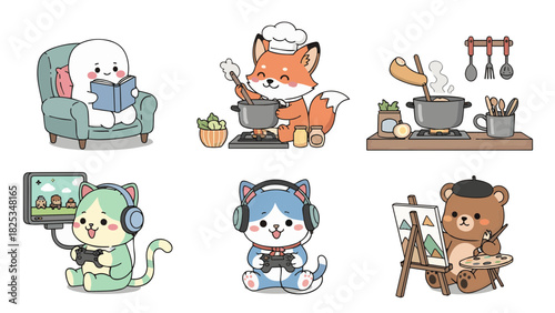 Cute Furry Monsters Doing Domestic Chores and Hobbies at Home