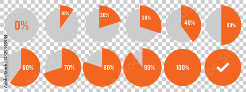 Percentage infographics elements. fill pie charts indicator template. Round diagrams icons for infographics. Set of circle graph loading progress. Percentage infographic chart. 