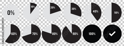 Percentage infographics elements. fill pie charts indicator template. Round diagrams icons for infographics. Set of circle graph loading progress. Percentage infographic chart. 