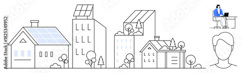 Renewable energy concept. Renewable energy harnessed through solar panels in urban and residential setups. Renewable energy fostering green living, eco-construction, and sustainability for cities