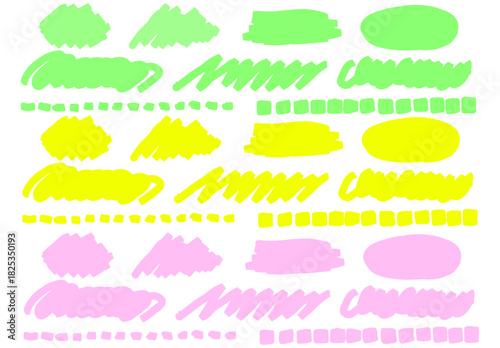 柔らかなパステルカラーで描かれた手描きマーカー線と装飾ストロークが並ぶカジュアルなデザイン素材｜緑や黄色やピンクの色彩が加わりメモの強調や装飾に使いやすい手描きラインセット